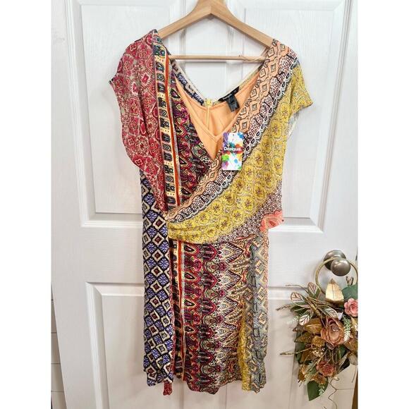 Desigual Dress Size EU 46 Multi-Color Patchwork Bohemian V-Neck Vibrant Eclectic - Picture 2 of 15